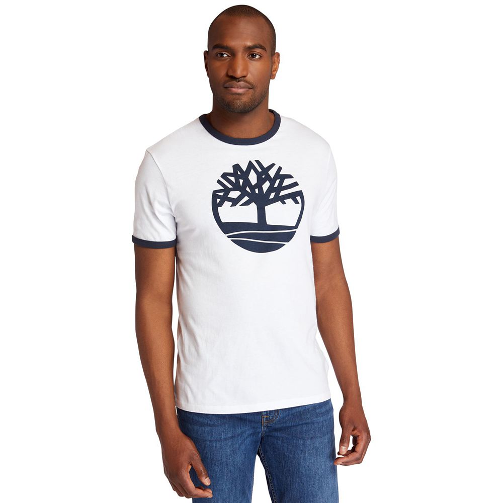 Timberland Μπλουζάκια Ανδρικα Ασπρα - Tree Logo Ringer - Greece 0361428-XV